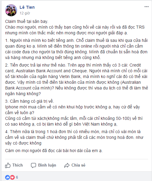 Những câu hỏi về claim khai thuế tại sân bay (1)