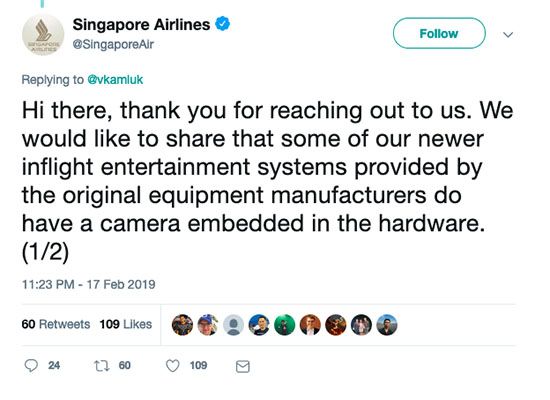 embedded camera Singapore Airlines