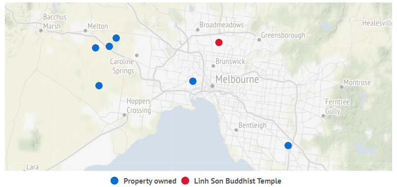 Chùa Linh Sơn và địa điểm các bất động sản sở hữu (Nguồn: Báo cáo tài chính năm 2017 của Giáo hội Phật giáo Chùa Linh Sơn)