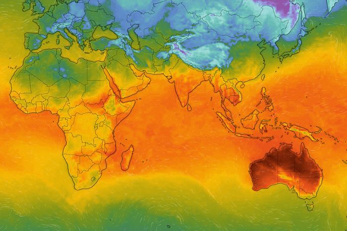 Thứ 5 tuần này, Úc đã được đưa vào danh sách những nơi nóng như chảo lửa trên thế giới (Ảnh: Windy.com)